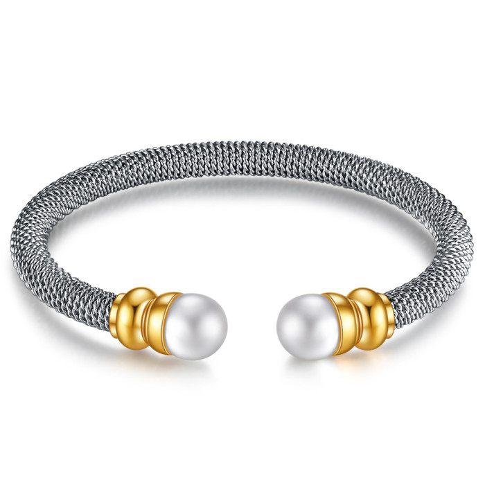 European and American Cross-Border Hot Sale Simple 5MM Cable Pearl Bracelet Fashion Stainless Steel Accessories Two-Tone Electroplating Wholesale