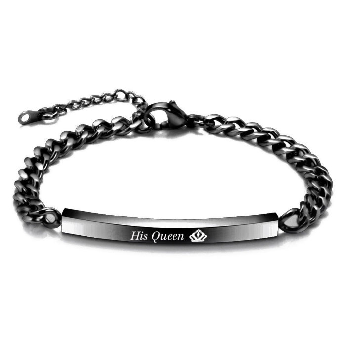 Her KingHis Queen Crown Lucky Slogan 7MM Smooth Stainless Steel Couple Personality Bracelet Wholesale for Women