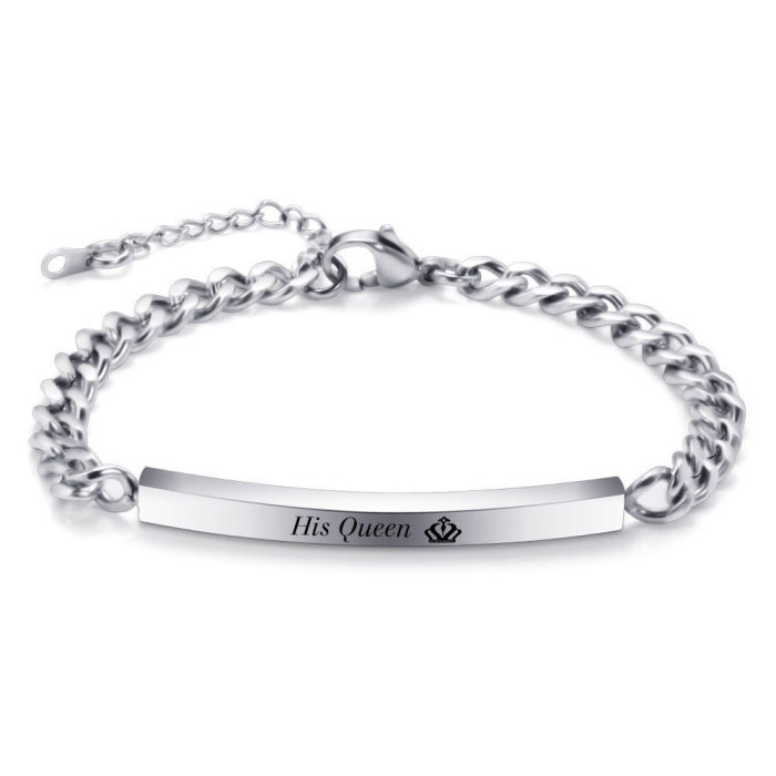 Her KingHis Queen Crown Lucky Slogan 7MM Smooth Stainless Steel Couple Personality Bracelet Wholesale for Women