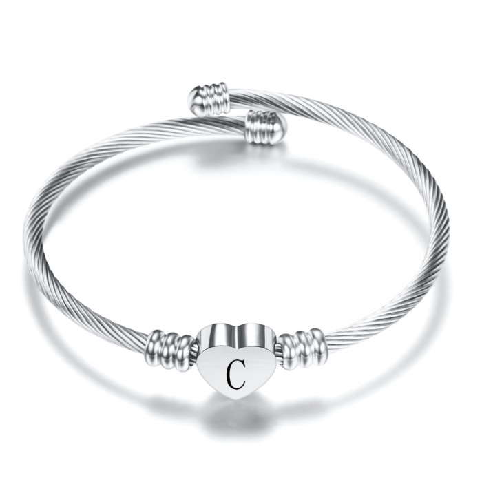 26 Letters Stainless Steel Bracelet Simple Personality Titanium Steel Heart Letter Bracelet Open Women Heart Versatile Bracelet