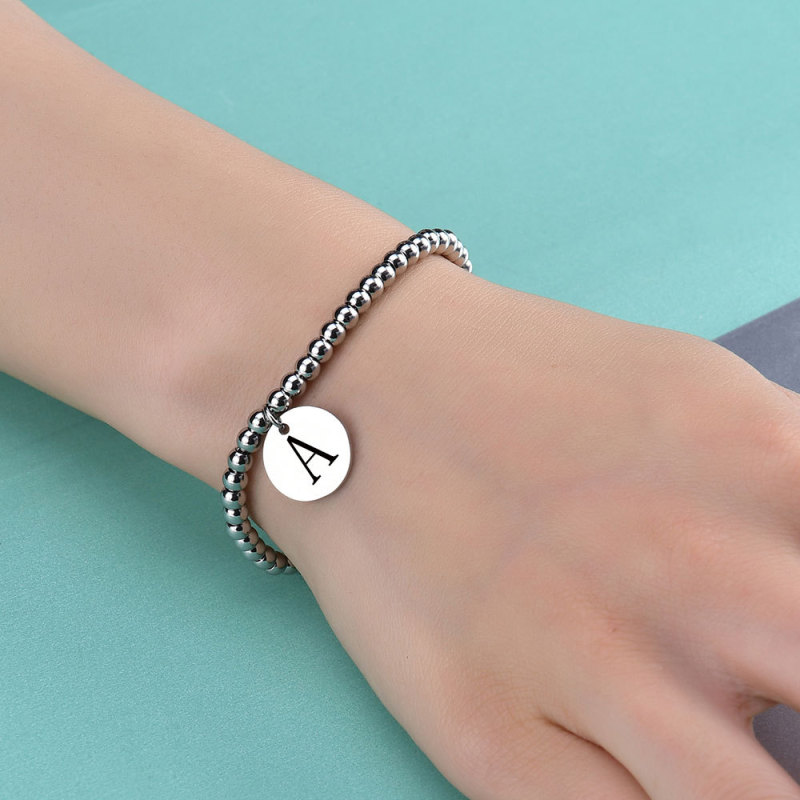 European and American Cross-Border Simple Titanium Steel Stainless Steel Round Beads 3MM Adjustable Round 26 English Letters Women's Bracelet