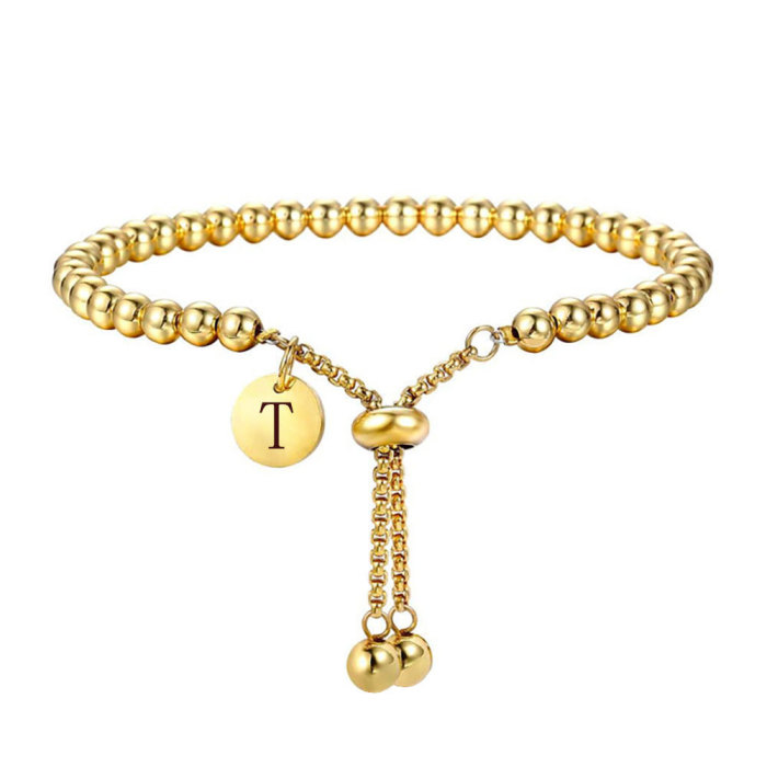 European and American Cross-Border New Style Stainless Steel Simple Fashion 26 Letters 10MM Tag Adjustable Round Bead Personalized Bracelet for Women