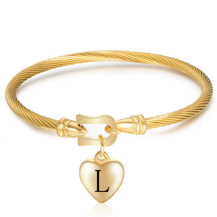 Cross-Border European and American Style Personalized 18K Gold Horseshoe Clasp 26 Letter Heart Letter Bracelet Titanium Steel Simple Gift Bracelet for Women