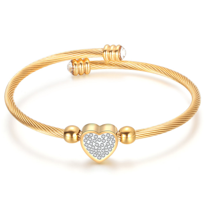 Wish Amazon Hot Sale European and American Simple Titanium Steel Heart Inlaid Diamond Cable Line Women's Adjustable Open Bracelet Wholesale