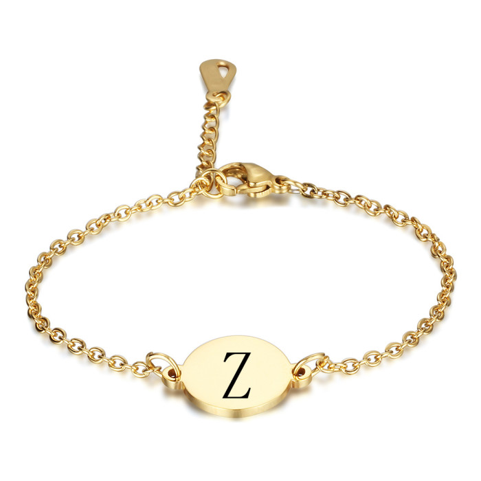 Oval 12MM Stainless Steel 26 English Letters Bracelet 18K Gold Engraved Letter Bracelet Fashion Jewelry Wholesale