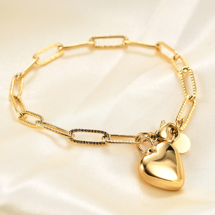 European and American Cross-Border Hot Sale INS Rectangle Pin Chain Versatile Fashion Heart Round Pendant Stainless Steel Bracelet
