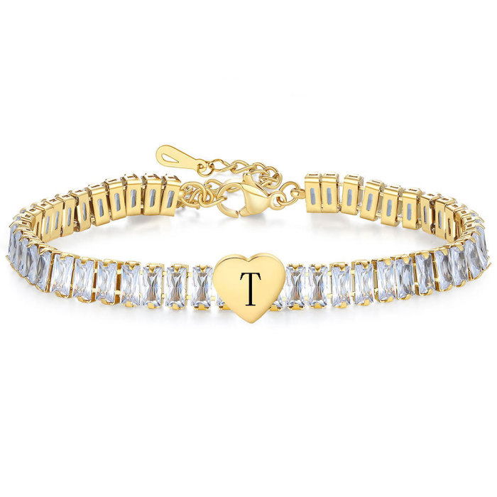 New Luxury Stainless Steel INS Style Zircon Heart Letter Bracelet 26 English Letters Fashion Women's Jewelry