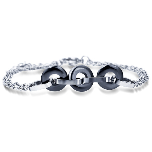 European and American Black and White Three Circle 10MM Spliced Ceramic Fresh Versatile Fashion Unisex Bracelet Titanium Steel Bracelet Wholesale for Women