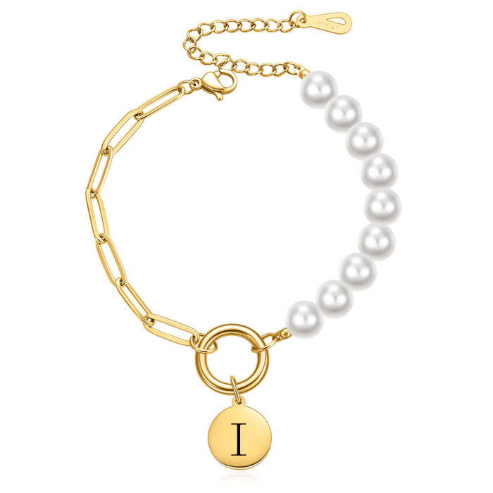 European and American Imitation Pearl Pin Chain Splicing Stainless Steel 18K Gold 26 Letters Personalized Versatile Simple Bracelet Wholesale