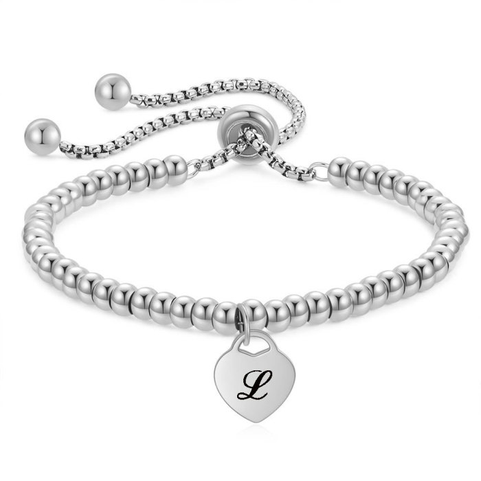 Cross-Border European and American 26 Letters Stainless Steel Simple Fashion Heart-Shaped Letter Tag Adjustable Round Bead Personalized Bracelet