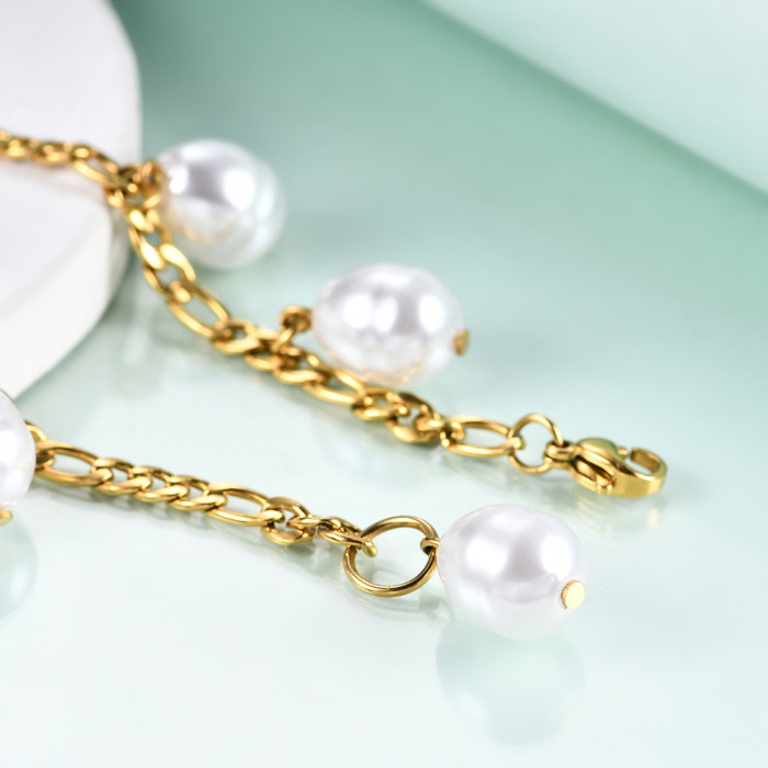 European and American INS Influencer Style Figaro Chain Bracelet Imitation Pearl Bracelet Gold Plated 316L Stainless Steel Bracelet Wholesale