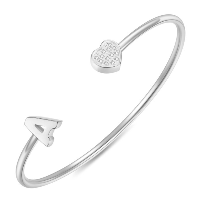 European and American Cross-Border New 26 English Letter Bracelet for Women with Zirconia Heart Open Stainless Steel Bracelet Fashionable and Simple