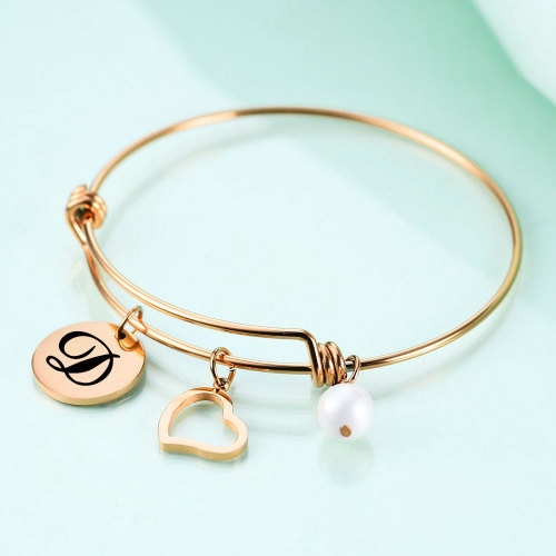 Wish Amazon New Digital Titanium Steel Bracelet Heart Pearl Stainless Steel 26 Letters Rose Gold Bracelet Wholesale
