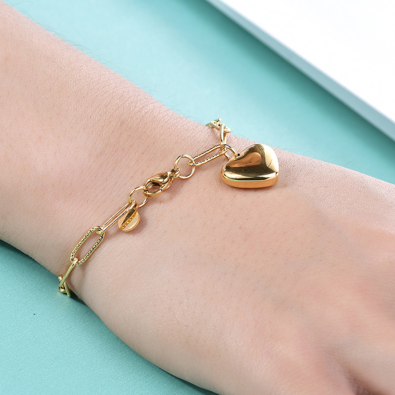 European and American Cross-Border Hot Sale INS Rectangle Pin Chain Versatile Fashion Heart Round Pendant Stainless Steel Bracelet