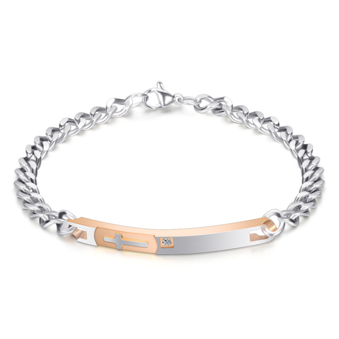 European and American 5 7MM Cross-Border Simple Couple Bracelet Fashion Cross Stainless Steel Bracelet with Inlaid Diamonds Laser Logo Available