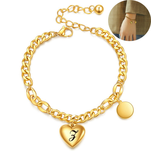 European and American Cross-Border New Fashion 18K Gold Cuban Chain 26 Letters Heart Engraving Stainless Steel Bracelet for Women Wholesale