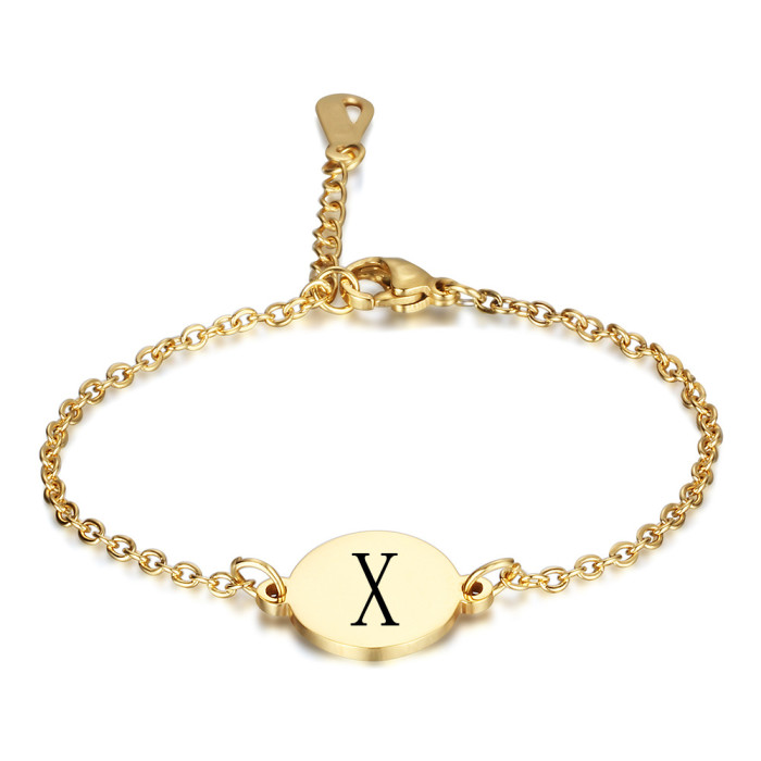 Oval 12MM Stainless Steel 26 English Letters Bracelet 18K Gold Engraved Letter Bracelet Fashion Jewelry Wholesale