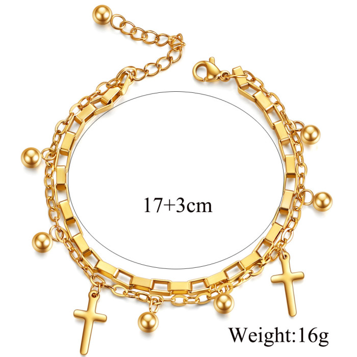 European and American New Style Ins Stainless Steel Chain Double Layer Round Bead Cross Bracelet 18K Gold Fashion Versatile Wholesale Bracelet