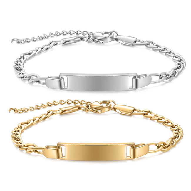 European and American Cross-Border New Children's Smooth Long Stainless Steel Curved Tag Bracelet Adjustable 16+4CM Engravable for Girls