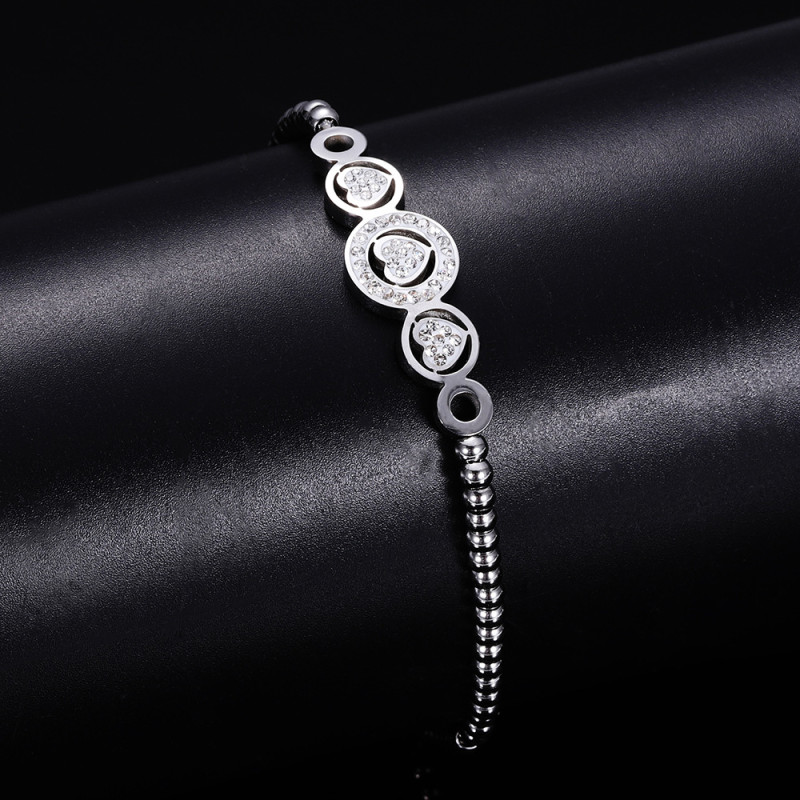 European and American Cross-Border Hot Sale Adjustable Diamond-Studded Heart Round Bead Fashion Simple Versatile Stainless Steel Titanium Steel Bracelet Wholesale