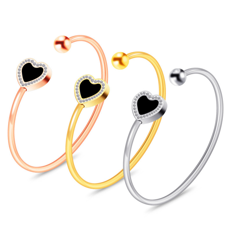 European and American Amazon Simple 15MM Open Bracelet Fashion Stainless Steel Oil Drop Inlaid Diamond Heart Titanium Steel Bracelet Wholesale