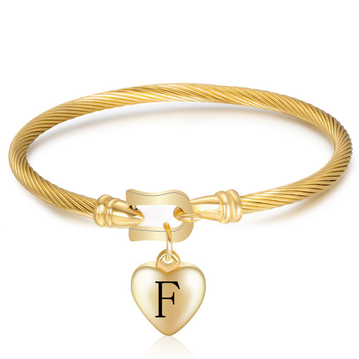 Cross-Border European and American Style Personalized 18K Gold Horseshoe Clasp 26 Letter Heart Letter Bracelet Titanium Steel Simple Gift Bracelet for Women
