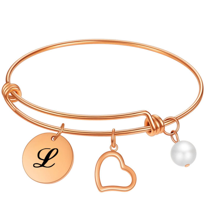 Wish Amazon New Digital Titanium Steel Bracelet Heart Pearl Stainless Steel 26 Letters Rose Gold Bracelet Wholesale