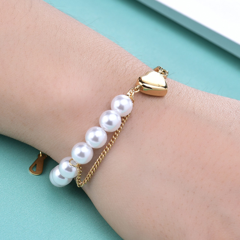 European and American Cross-Border Elegant Versatile Stainless Steel Heart Imitation Pearl Splicing Cuban Chain Bracelet for Women with Laser Logo Wholesale