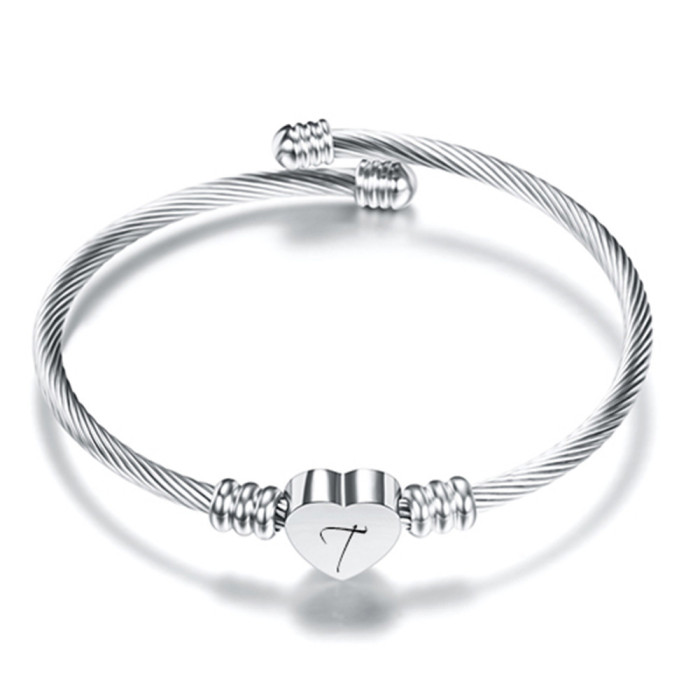 Cross-Border European and American 26 Letters Simple Stainless Steel Wire Braided Cable Line Titanium Steel Heart Fashion Women's Bracelet