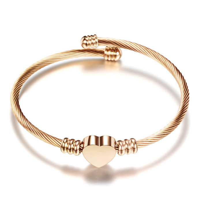 European and American Cross-Border Hot Sale Three-Color Stainless Steel Smooth Heart Cable Line Titanium Steel Open Simple Fashion Bracelet Wholesale