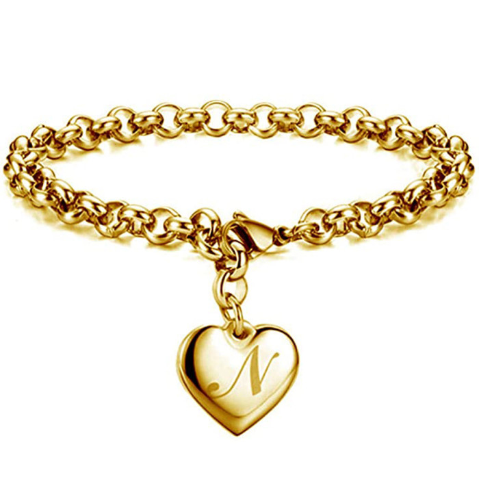 European and American New Style Simple Personality Titanium Steel Bracelet 26 Letters Fashion Stainless Steel O Chain Gold Bracelet Jewelry