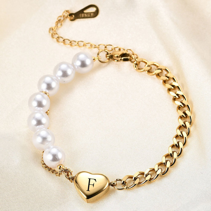 European and American Cross-Border Personality Simple Versatile Titanium Steel Heart Imitation Pearl Splicing 26 Letters Cuban Chain Engraved Bracelet