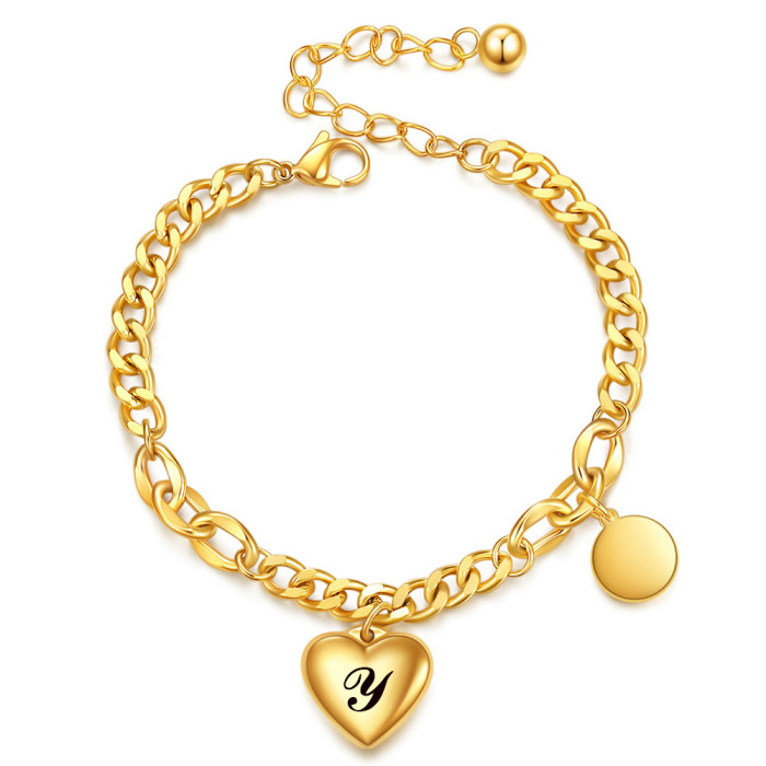 European and American Cross-Border New Fashion 18K Gold Cuban Chain 26 Letters Heart Engraving Stainless Steel Bracelet for Women Wholesale
