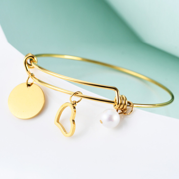 European and American Hot-Selling Fashion Titanium Steel 18K Gold Round Pendant Versatile Bracelet Heart Stainless Steel Bracelet Laser Logo