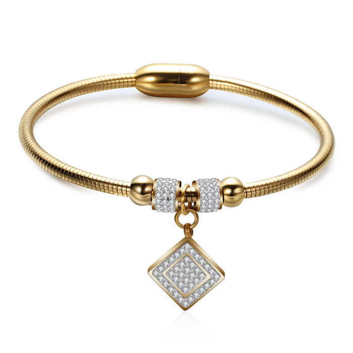 Wish Amazon Hot Sale European and American INS Style Women's Diamond-Studded Square Snake Chain Titanium Steel Magnetic Bracelet with Engravable Logo for Women