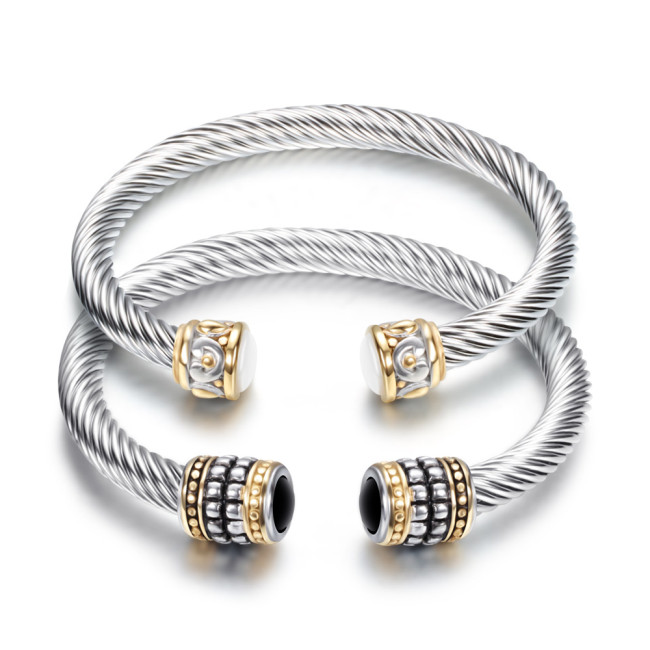 European and American Retro Titanium Steel Twisted Line Gold 10MM Two-tone Inlaid Diamond Cable Line Stainless Steel Personality Versatile Bracelet Wholesale