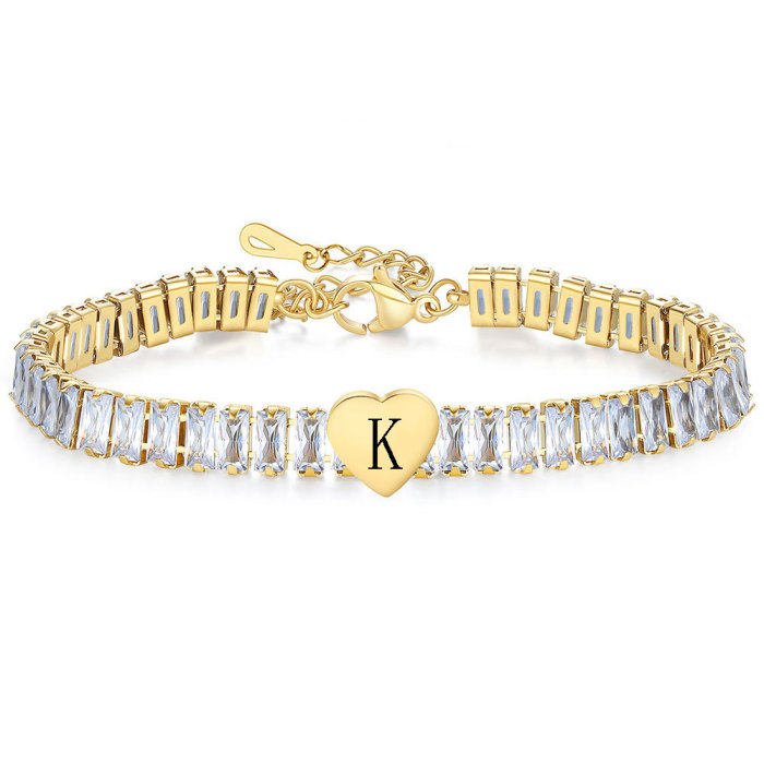 New Luxury Stainless Steel INS Style Zircon Heart Letter Bracelet 26 English Letters Fashion Women's Jewelry
