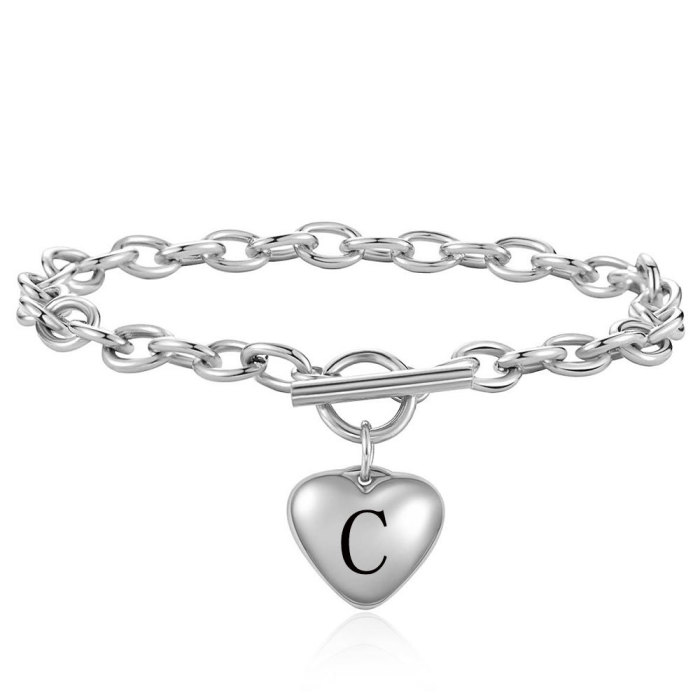 European and American Cross-Border Fashion Simple Stainless Steel 26 Letters Heart Titanium Steel Pendant OT Buckle Bracelet Laser Logo Available