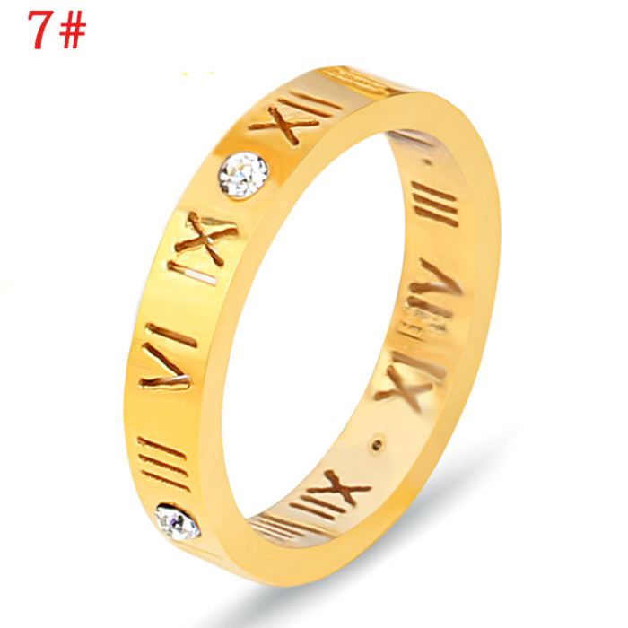 European and American Amazon Hot Sale 304 Stainless Steel Roman Numeral Bracelet Ring Set with Inlaid Diamonds Hollow Set Wholesale