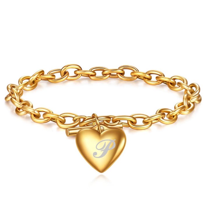 European and American Cross-Border New Fashion Simple Stainless Steel 26 Letters Titanium Steel Heart Pendant Laser Logo OT Buckle
