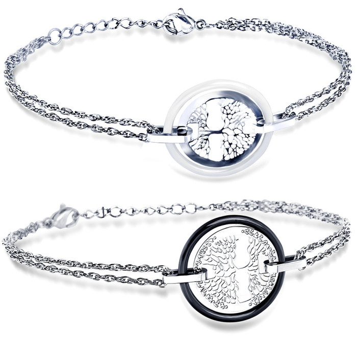 Manufacturer Wholesale European and American Hot Selling Simple Heart Hollow Round Pattern Couple Ceramic Stainless Steel Bracelet for Women Versatile