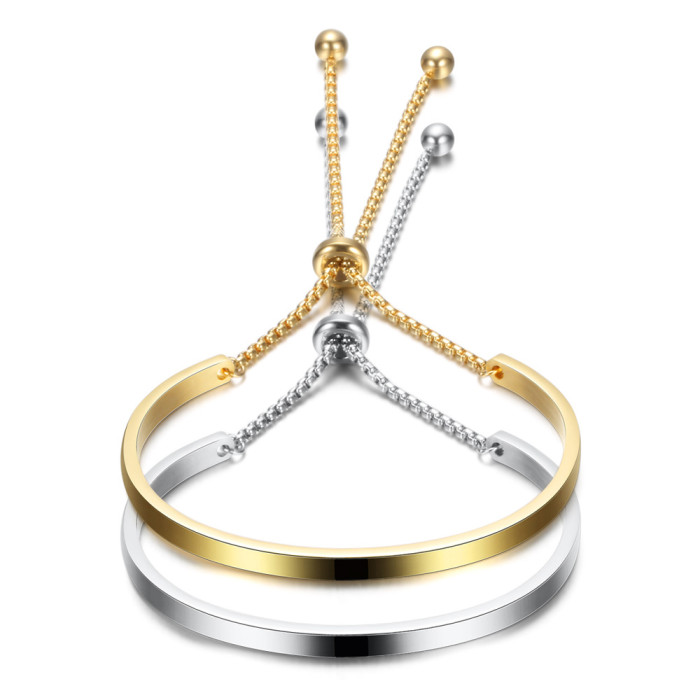 European and American Cross-Border Hot Sale 4MM Half Round Smooth Pearl Chain Stainless Steel Adjustable Bracelet Bangle Laser Logo Available
