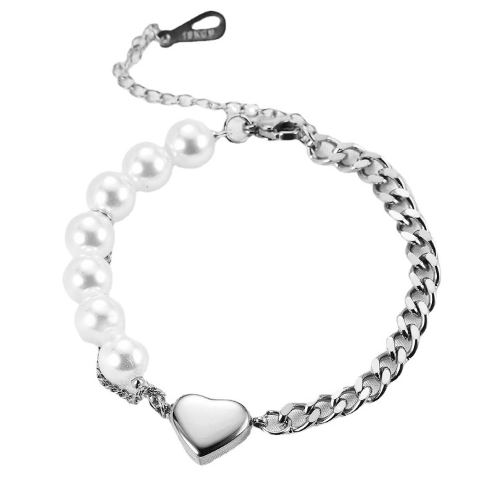 European and American Cross-Border Elegant Versatile Stainless Steel Heart Imitation Pearl Splicing Cuban Chain Bracelet for Women with Laser Logo Wholesale