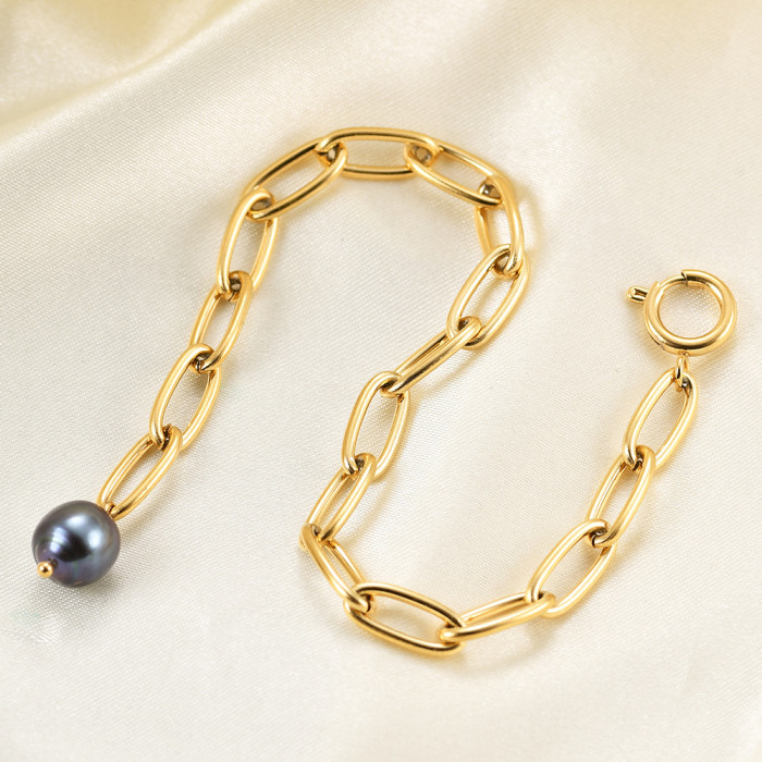 Manufacturer Wholesale European and American INS Fashion Retro Punk Simple Black Pearl Cross Chain Bracelet 18K Gold Stainless Steel