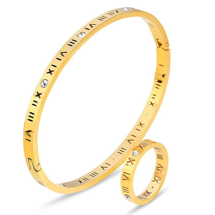 European and American Amazon Hot Sale 304 Stainless Steel Roman Numeral Bracelet Ring Set with Inlaid Diamonds Hollow Set Wholesale