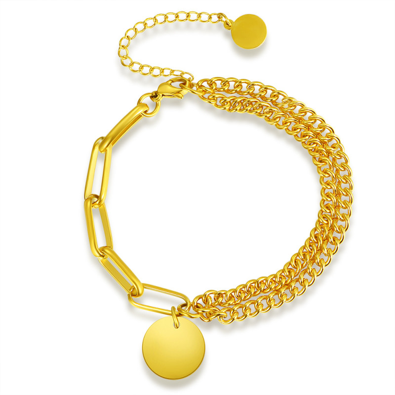 European and American Cross-Border Wholesale Stainless Steel Fashion 14MM Round Plate Splicing Double Layer Chain Couple Bracelet Can Laser Logo