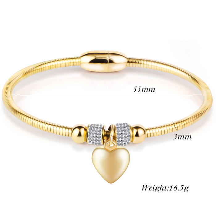 European and American Cross-Border 3MM Simple Fashion Heart Shaped Smooth Diamond-Studded Stainless Steel Bracelet with Magnetic Clasp, Engravable Logo for Women
