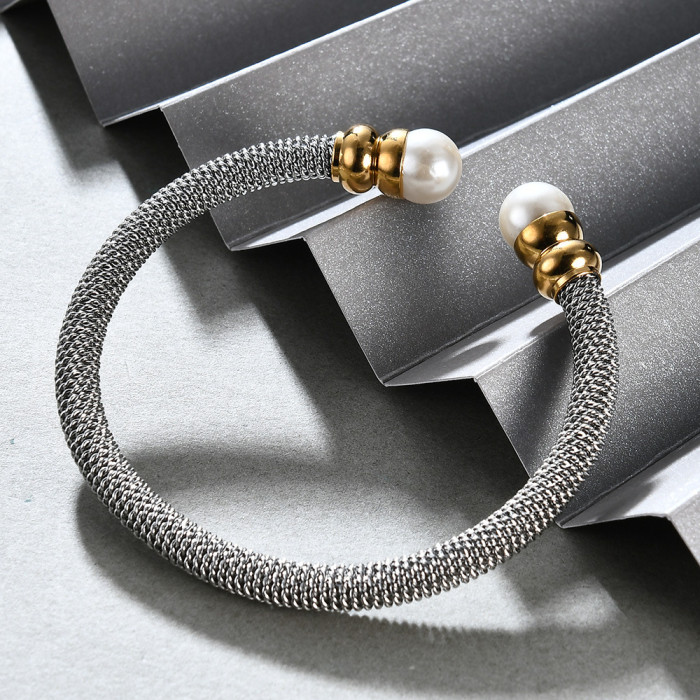 European and American Cross-Border Hot Sale Simple 5MM Cable Pearl Bracelet Fashion Stainless Steel Accessories Two-Tone Electroplating Wholesale