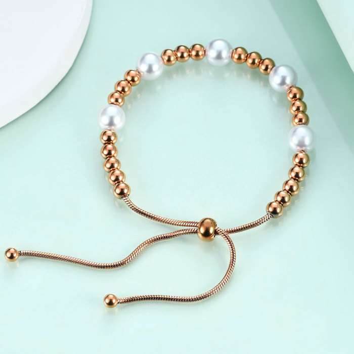 European and American Cross-Border New Product Simple Fashionable Elegant 5MM Round Bead Imitation Pearl Adjustable Bracelet Snake Bone Chain Bracelet for Women