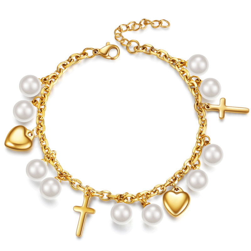 European and American Cross-border New Cross Mixed Glossy Heart Pearl Bracelet Simple Personality Stainless Steel Bracelet Wholesale